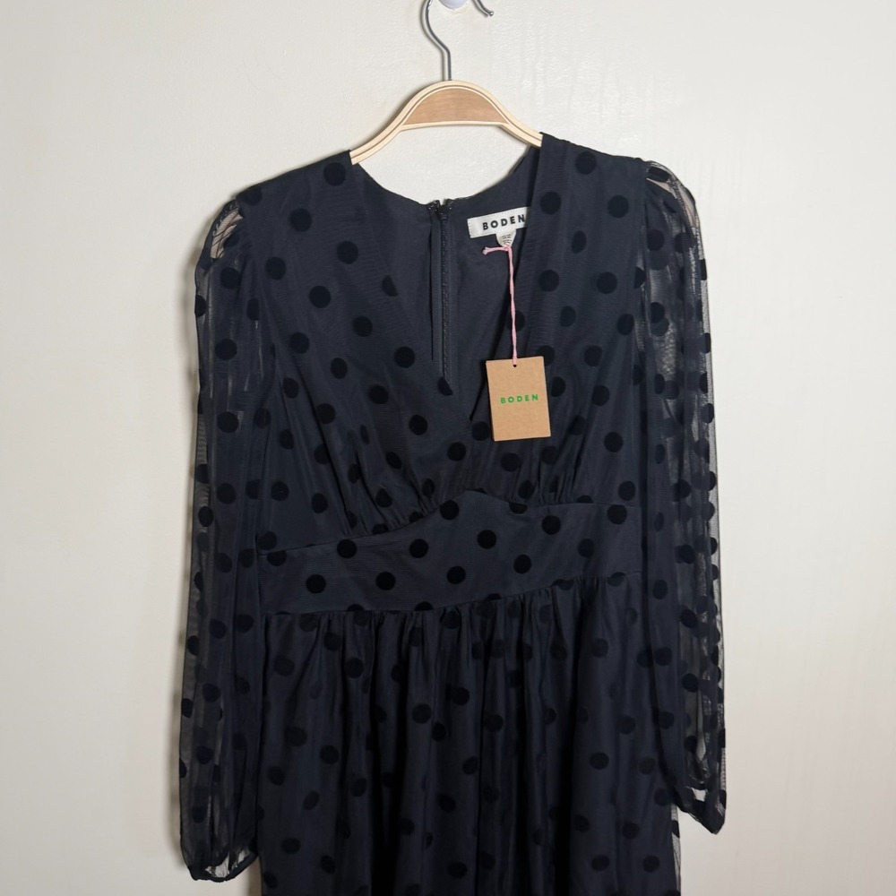Boden Black Polka Dotted Long Sleeve Dress Polka Dot NWT Sz 8R Fun Tulle Classic - Picture 10 of 13